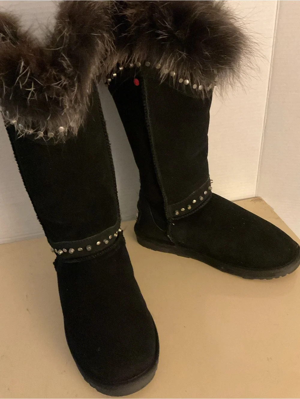 Australia collection women black suede fur stud tall boots US 8